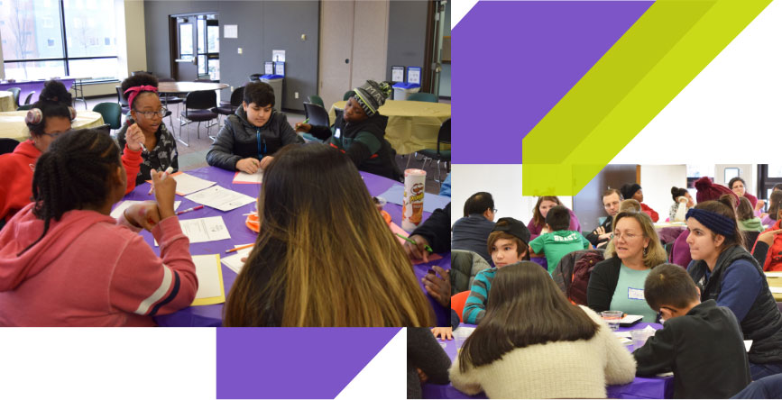 a collage of students working at tables