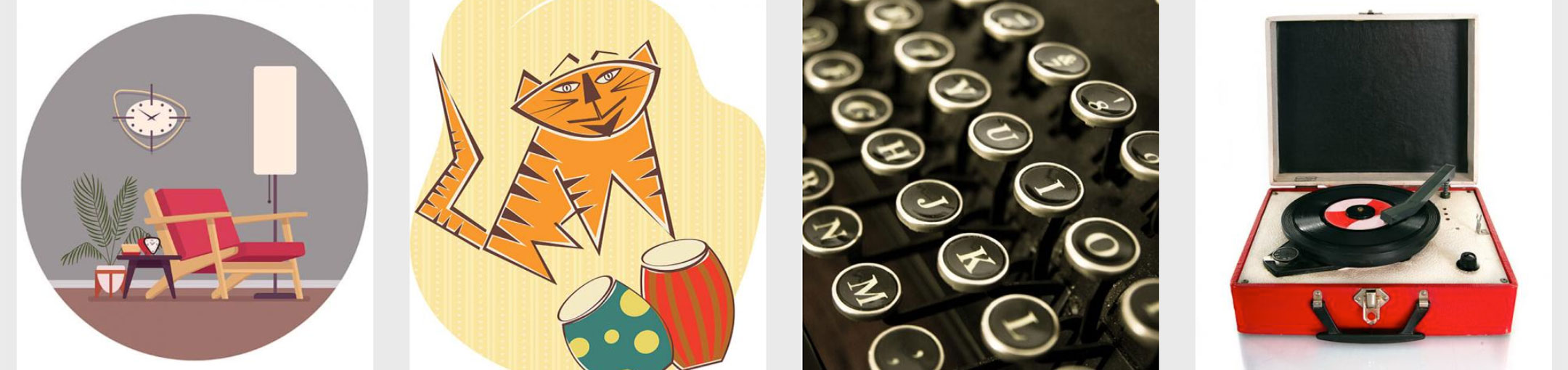 A collage of 4 images; chair, cat, typewriter keys, record player.