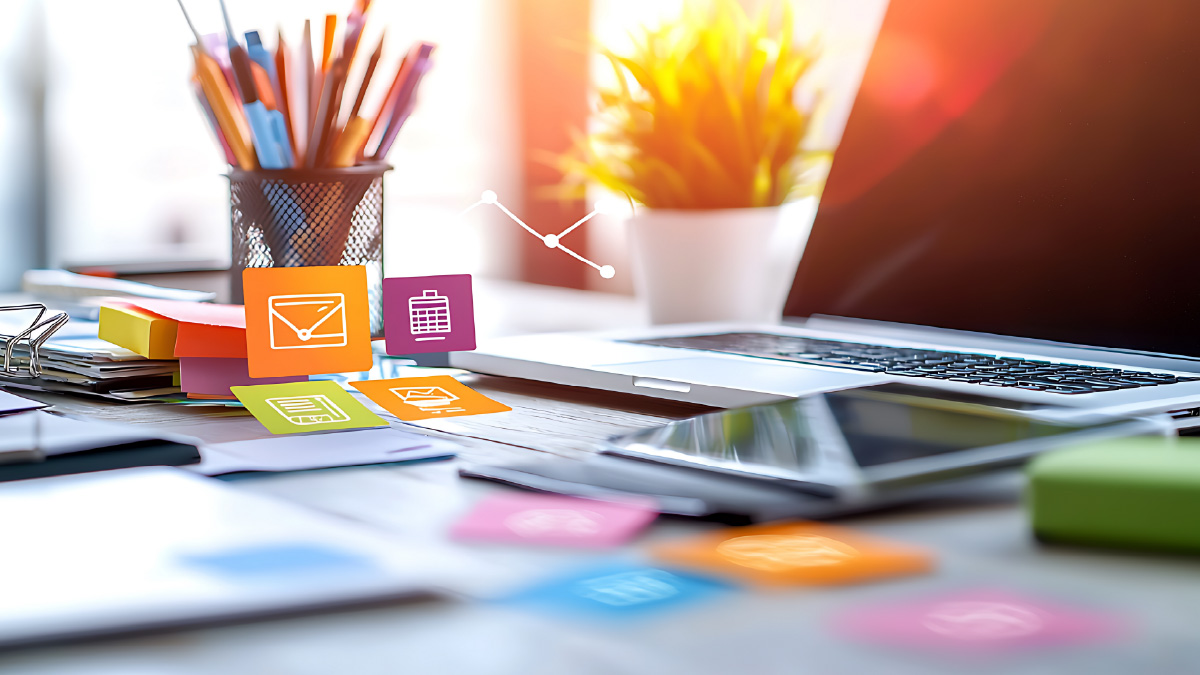 photo of laptop ipad on a desk from adobe stock