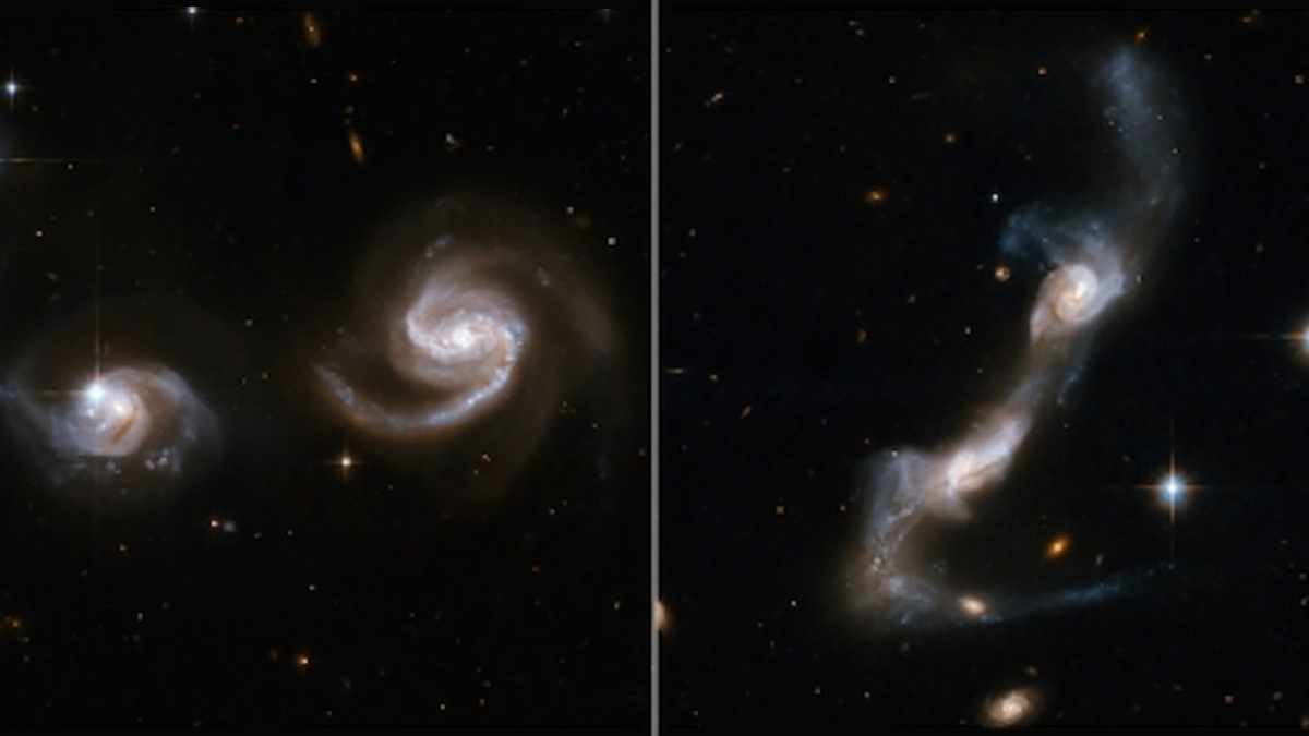 side-by-side images of two galaxies that are beginning to merge.