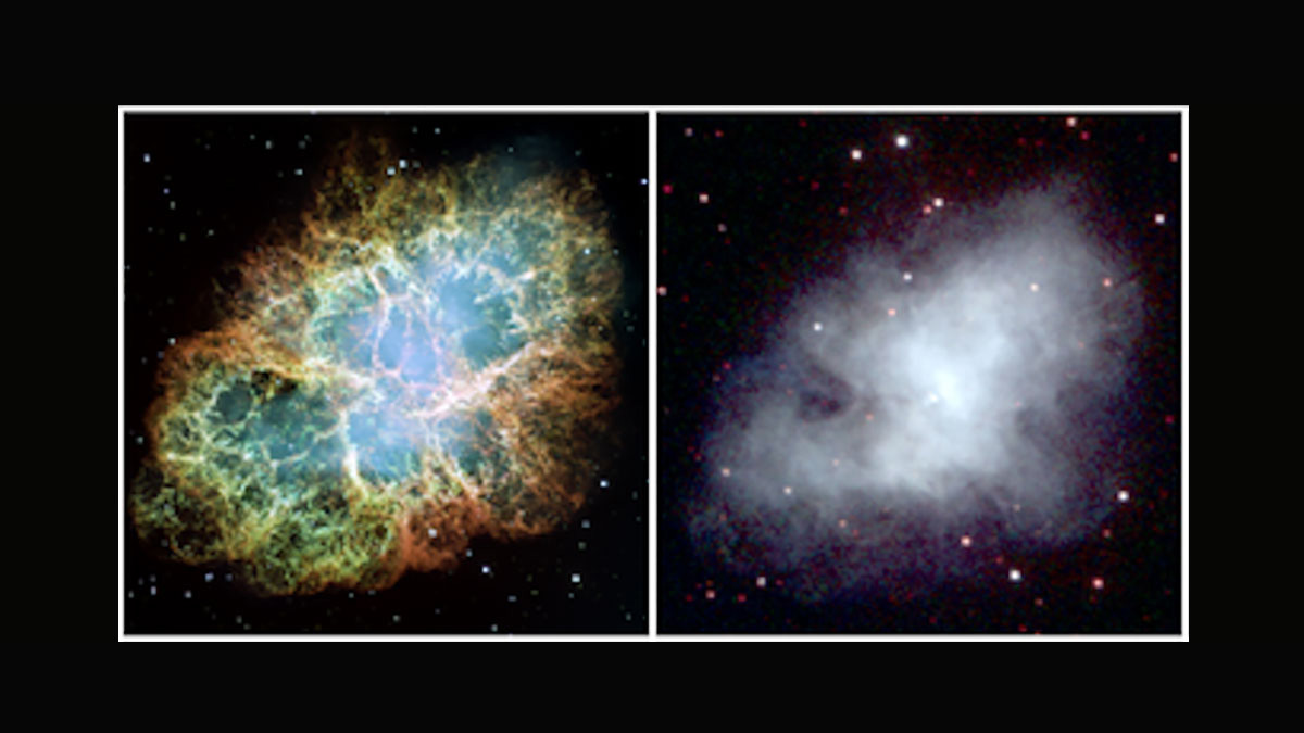 The Crab Nebula in visible and ultraviolet wavelengths.
