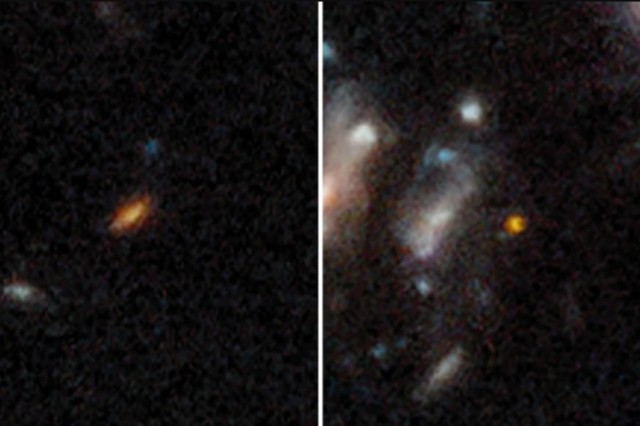 side-by-side images of stars and galaxies in deep space. 