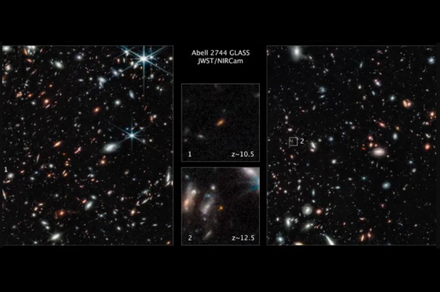 four images of stars in space, with two images showing a close-up of blurry stars.