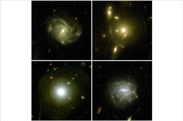 four images of galaxies that show swirls and clumps of stars.