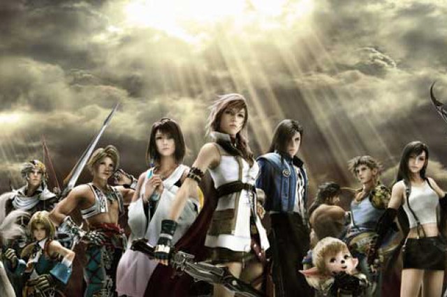 Characters from Final Fantasy assembled in a group looking off camera.