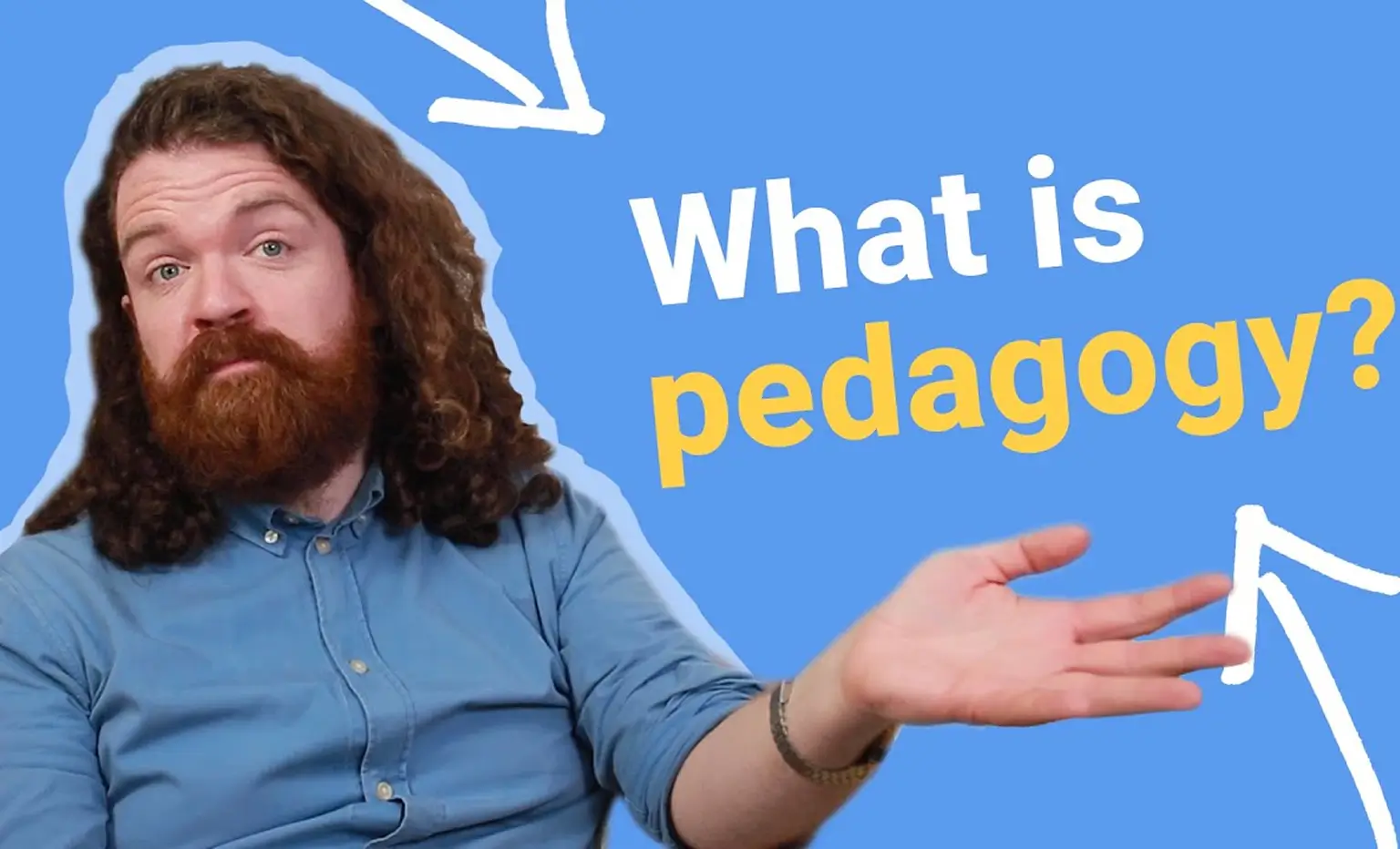 A man holding his hand out with the words 'What is pedagogy?' next to him.
