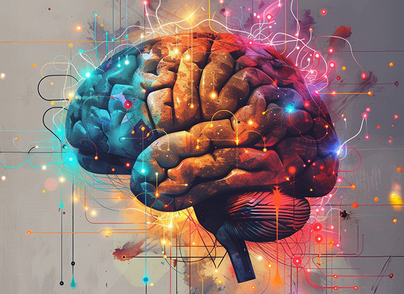 Illustration of a brain, with lots of color and dots with lines showing movement.
