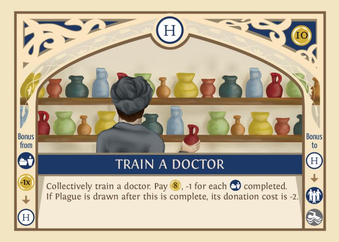 Card from the game with text Train a Doctor printed.