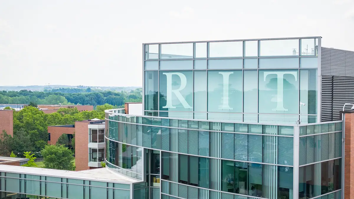 View of the R I T logo on the top of Institute Hall.