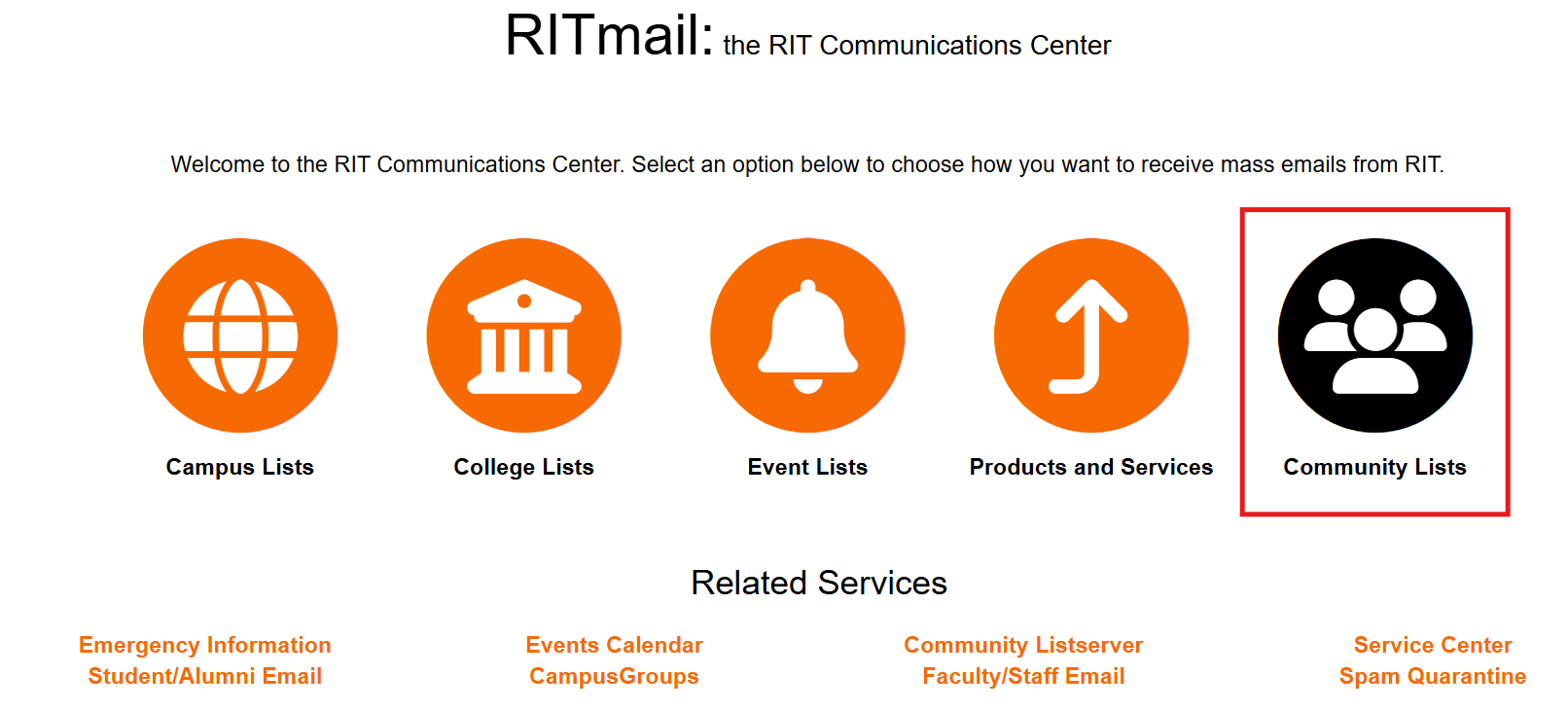 A screenshot showing the community lists option highlighted in RITmail.
