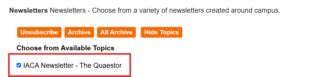 A screenshot of RITmail showing the IACA Newsletter - The Quaestor checked under the Chose form Available Topics heading.
