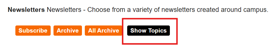 A screenshot of RITmail showing the Show Topics button highlighted under the Newsletters category.
