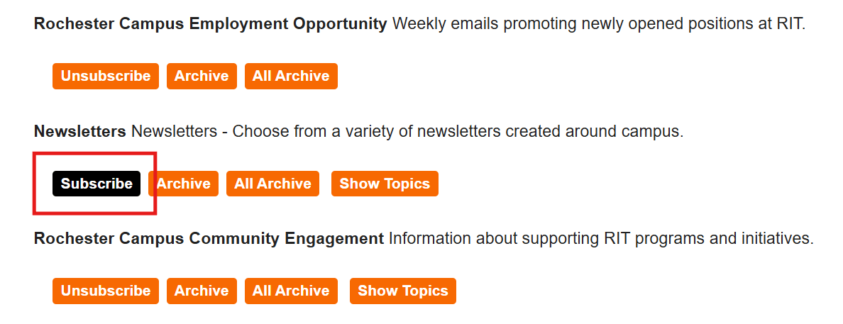 A screenshot of RITmail showing the Subscribe button highlighted under the newsletters category.