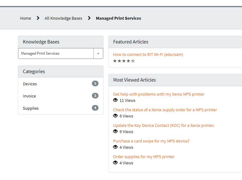 Picture of the RSC Portal searching the Knowledge Bases for Managed Print Services