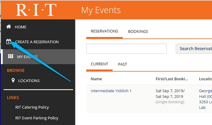 Screenshot of Events navigation