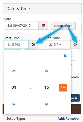 Screenshot of Start and End time selection