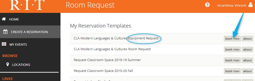 Screenshot of RIT Events Equipment Requests
