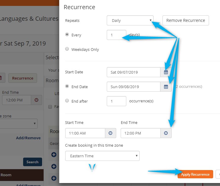 Screenshot of Recurrence details form
