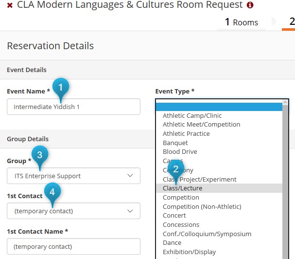 Screenshot of reservation details form