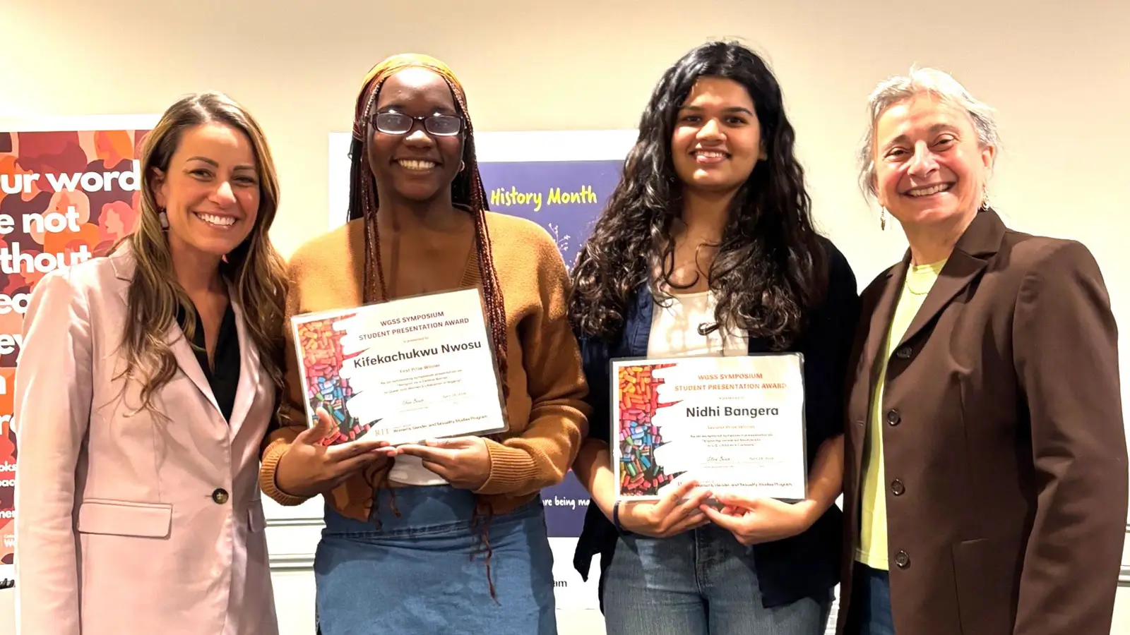 Kelly Martin, Kifekachukwu Nwosu, Nidhi Bangera, and Silvia Benso (left to right) posing for a photo.