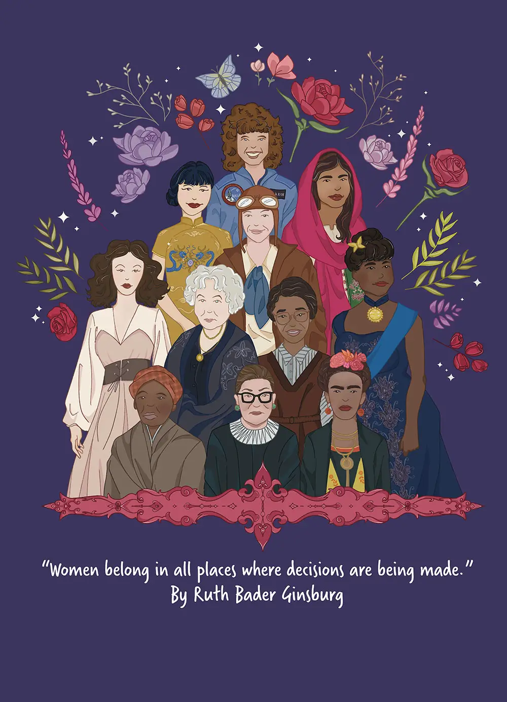 The winning poster for women's history month (2025) featuring an illustration of a group of women, with Ruth Bader Ginsberg at the center, with a quote from her below, reading 'Women belong in all places where decisions are being made'.