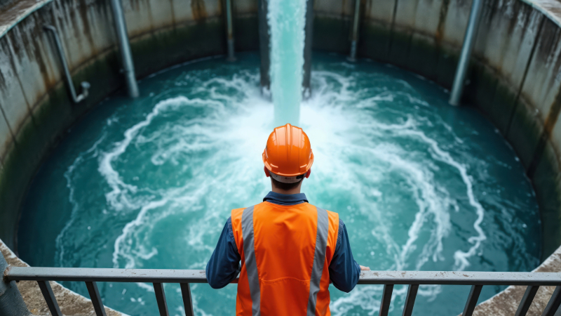a man looking at a water treatment facility 