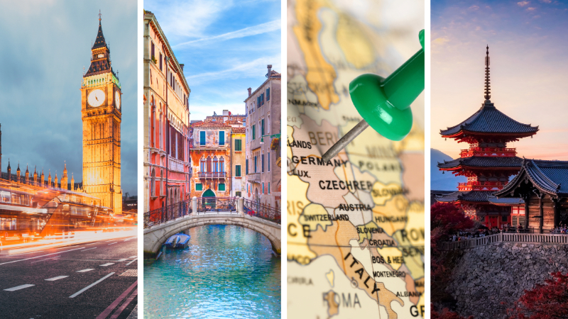 a collage of interational destinations