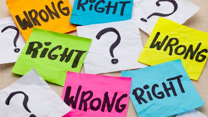 a montage of sticky notes with words like right wrong ethics