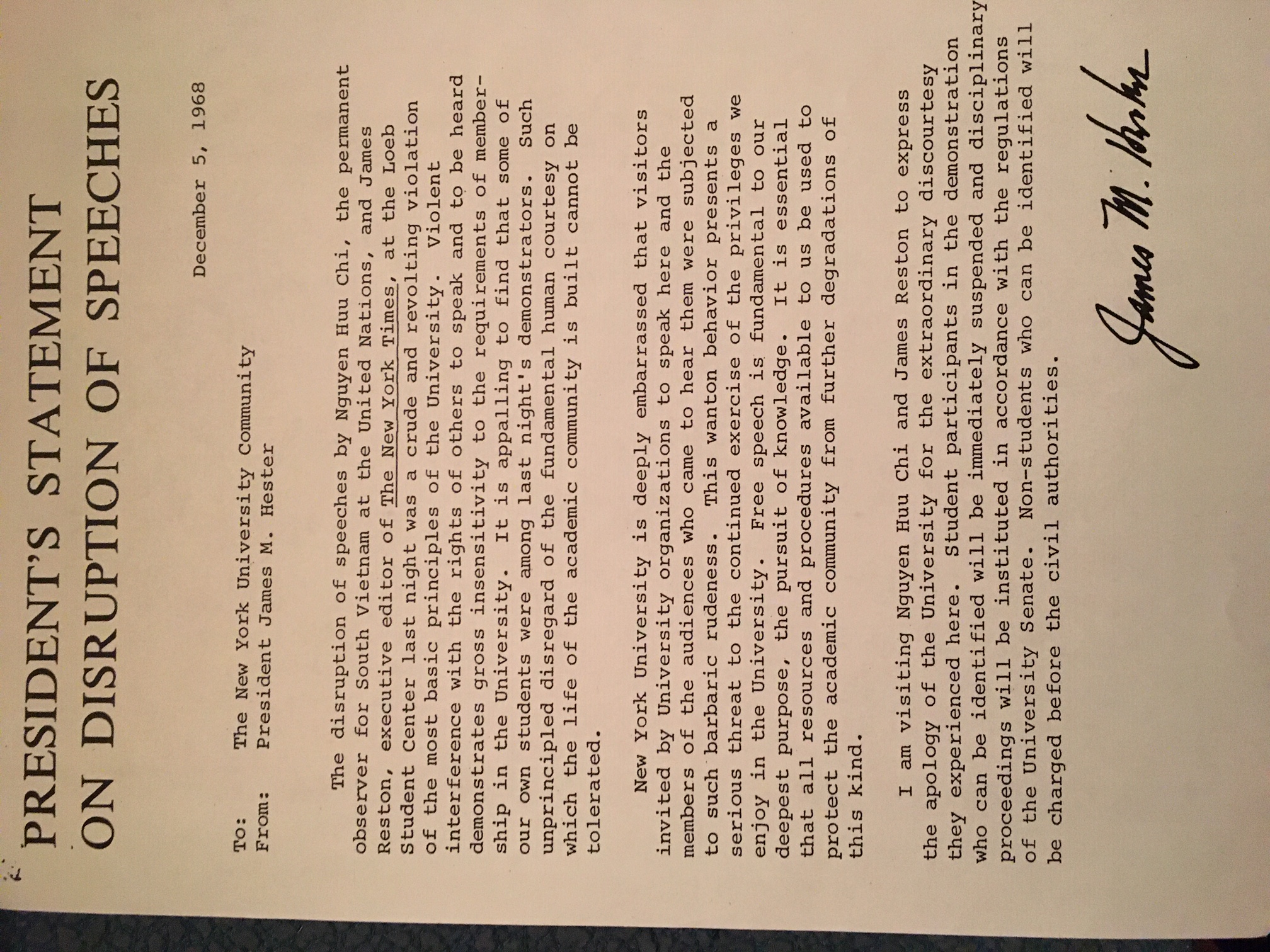 NYU President's Statement