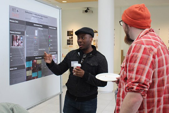 People discussing display poster