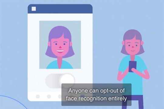 Illustration of woman viewing Facebook profile with a caption that says, "Anyone can opt-out of face recognition entirely"