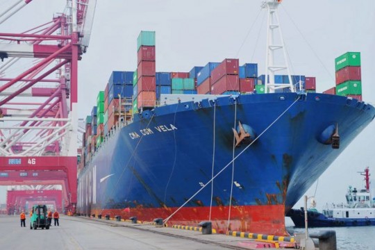 container ship at a port.