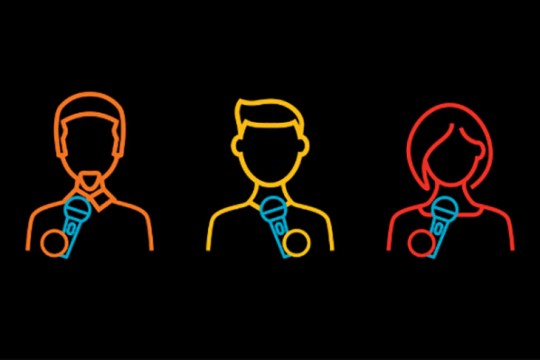 graphic with outlines of three people holding microphones.