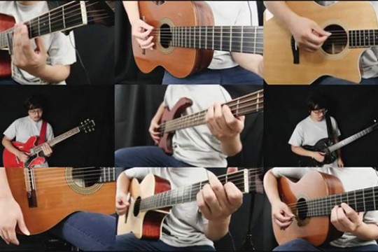compilation of nine images of person playing a guitar from different angles.