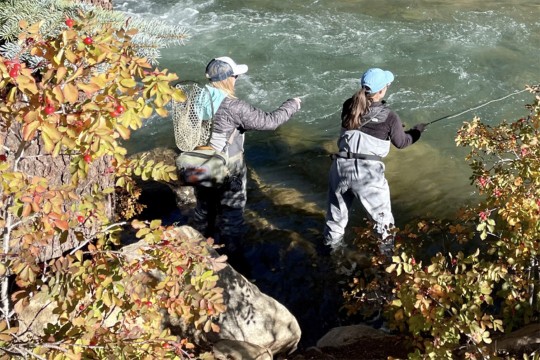 two women fly fishing in a river.