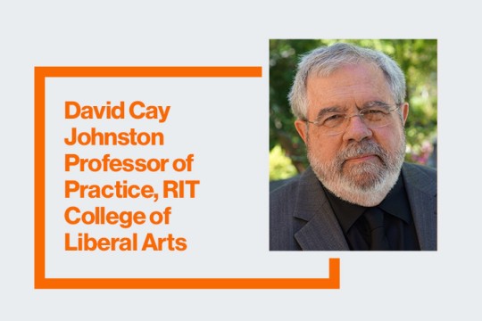 a headshot of David Cay Johnston appears in a box next to his name and title, which are shown in orange text.
