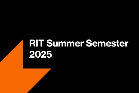 a back background with an orange arrow coming up from the lower left reads R I T summer semeter 2025.