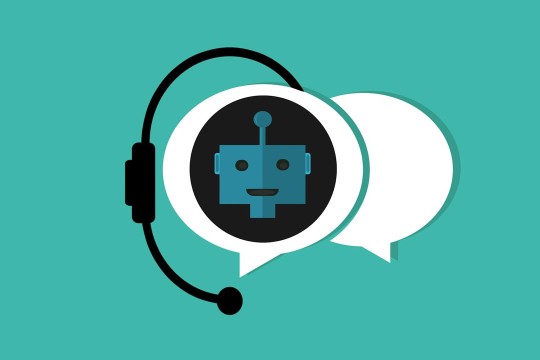 a small robot head appears with a set of headphones inside an icon that represents a text box.