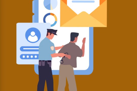 an illustration of a police officer arresting a man with images displaying online data in the background.