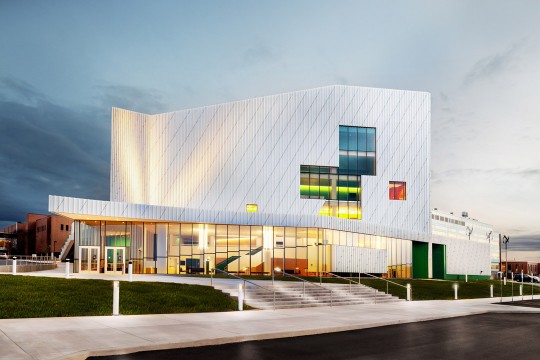 Exterior of RIT’s new performing arts center, a large modern venue opening on campus.
