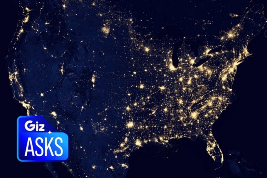 a satellite view of the united states showing power grids highlighted by yellow lights