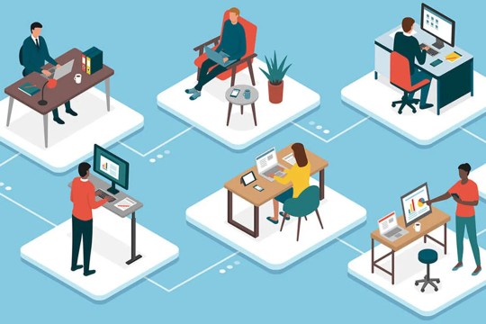 An illustration collage of people working remotely and their setups
