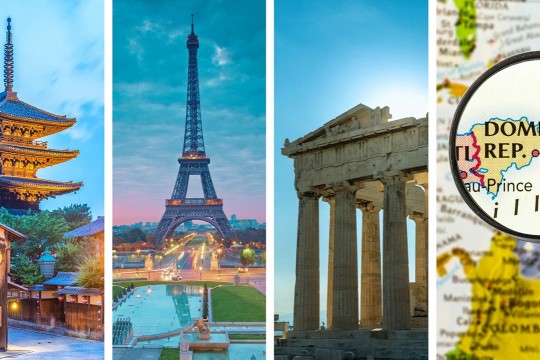 a montage of four photos from international destinations kyoto paris greece and a map