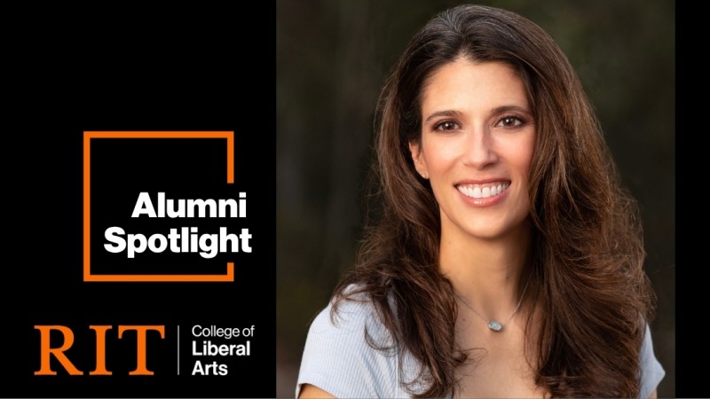 Alumni spotlight text on graphic featuring a portrait of a woman smiling
