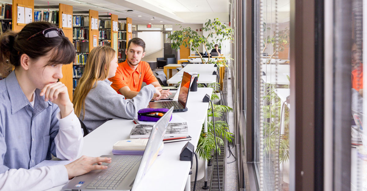 Students studying and collaborating by one of the windows at Wallace Library
