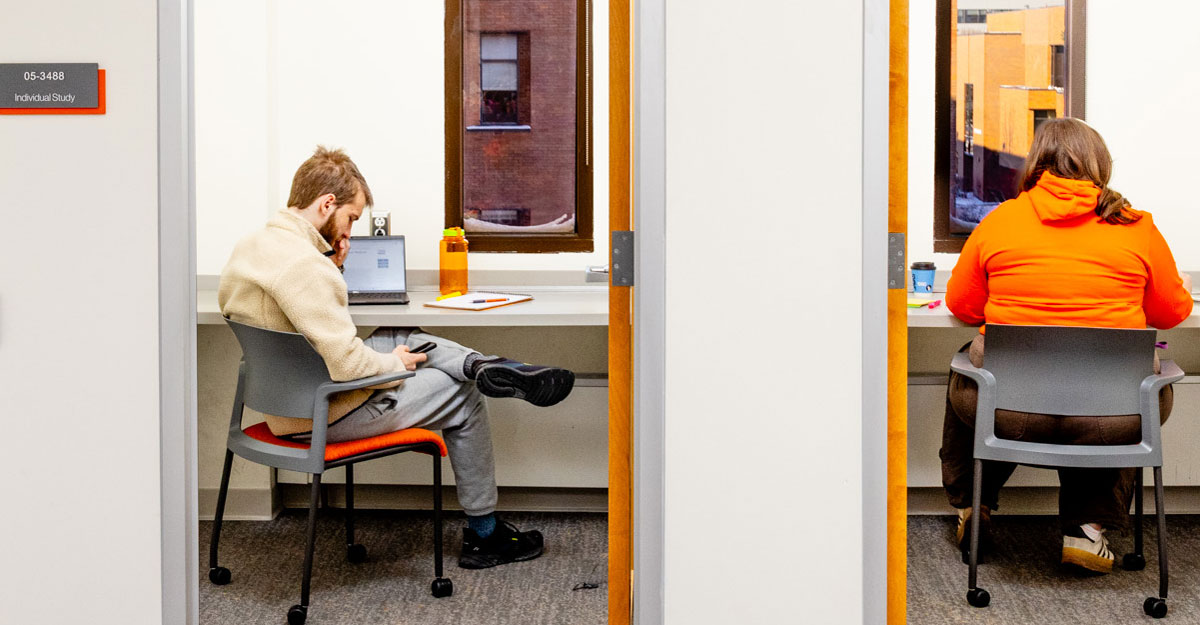 Students in two of the Study Rooms at Wallace Library