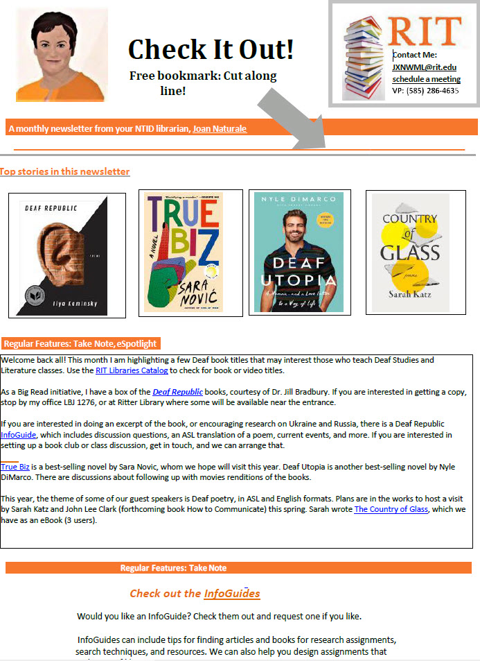Front page of September Newsletter showing new books by deaf authors (Deaf Republic, True Biz, Deaf Utopia, Country of Glass and information about the book guide for Deaf Republic
