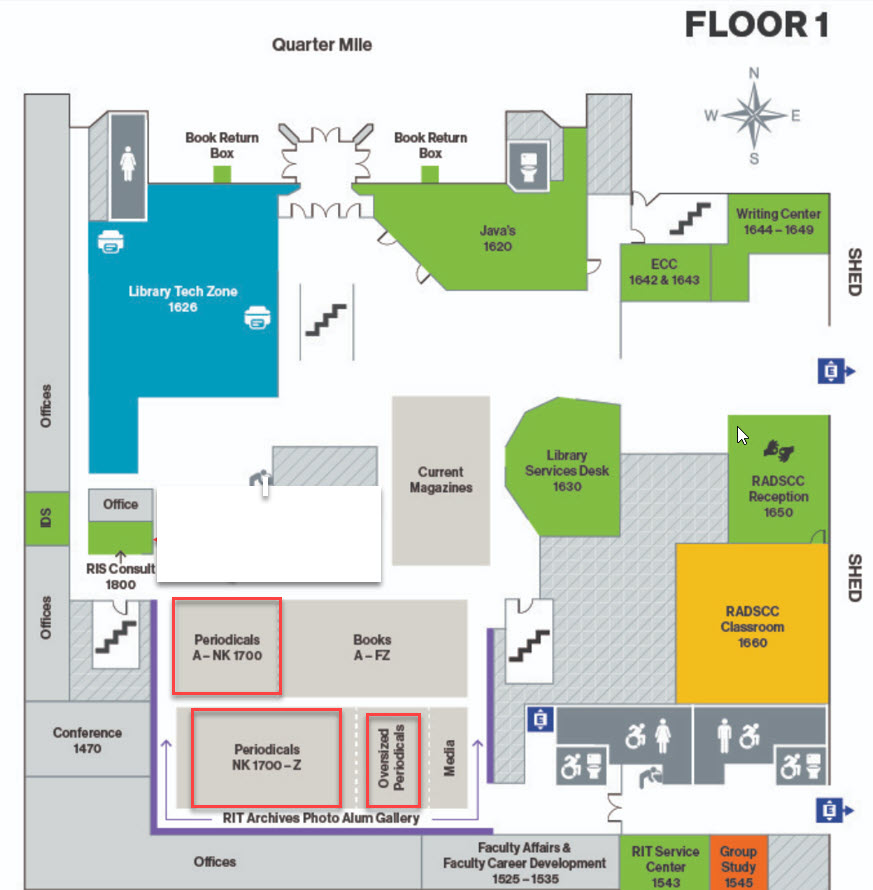 1st floor map of the library showing where the periodicals are located, the library tech zone, Java's,  the service desk and offices. 