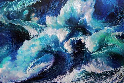 Picture of an art piece of a blue and teal ocean wave by Charles Wildbank