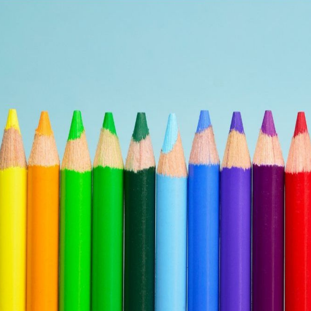 The tips of colored pencils